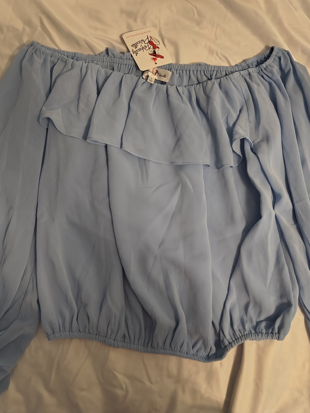 Off-Shoulder Light Blue Ruffle Blouse - Picture 1 of 3
